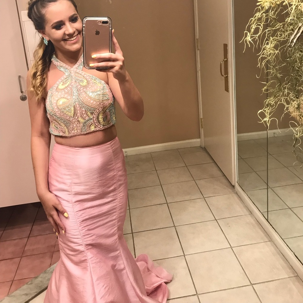 pink two piece prom dress